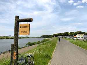 里見公園まであと1kmの案内標識と江戸川河川敷