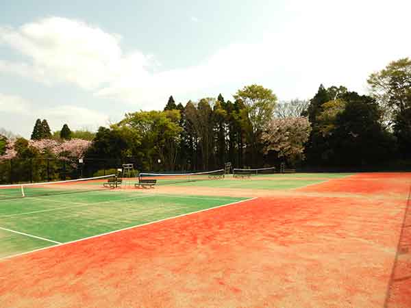 緑と赤のコントラストが綺麗なテニスコート