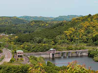 遠くから見た片倉ダムと笹川湖周辺の森林