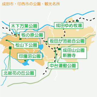 成田市・印西市の公園と観光名所地図